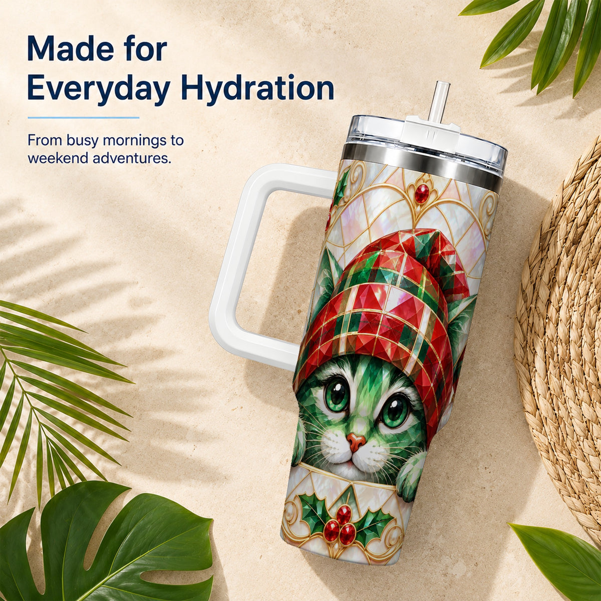 Christmas Cat 40oz Tumbler with Handle, Holiday Travel Cup