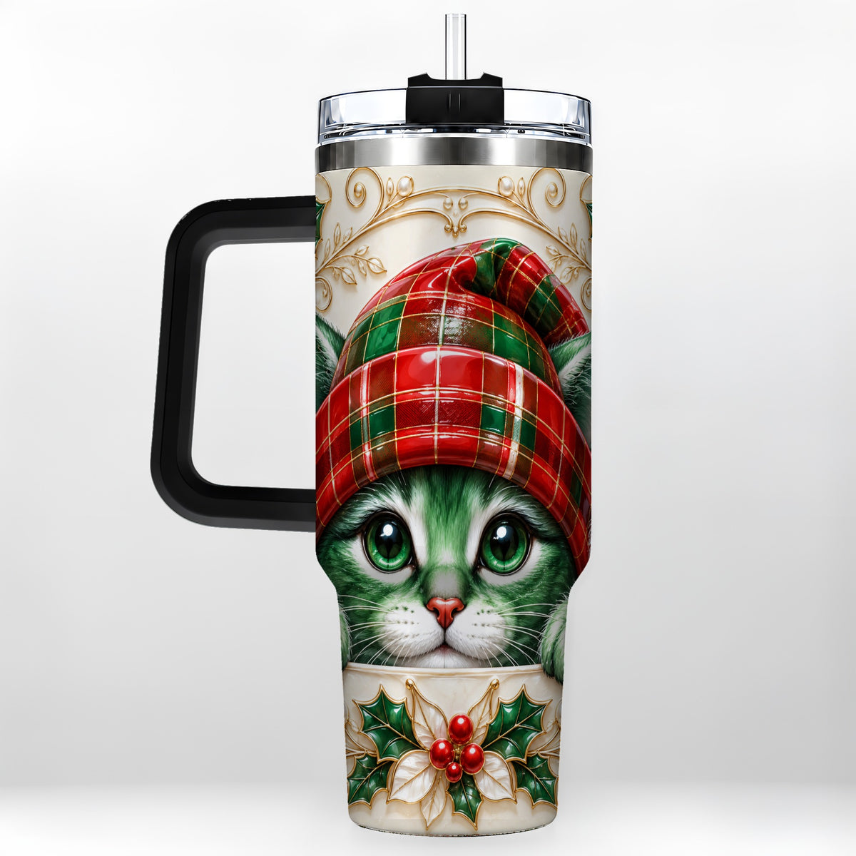 #pl[40oz|Black] Christmas Cat 40oz Tumbler with Handle, Festive Travel Cup