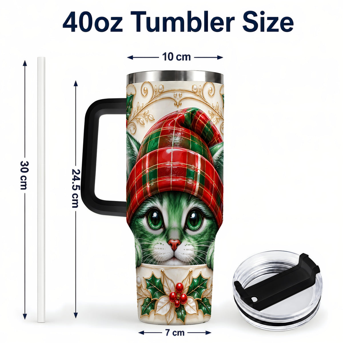#pl[40oz|Black] Christmas Cat 40oz Tumbler with Handle, Festive Travel Cup