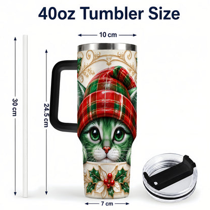 #pl[40oz|Black] Christmas Cat 40oz Tumbler with Handle, Festive Travel Cup