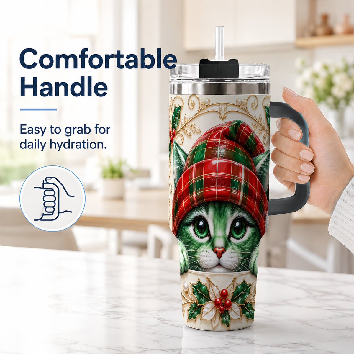 #pl[40oz|Black] Christmas Cat 40oz Tumbler with Handle, Festive Travel Cup