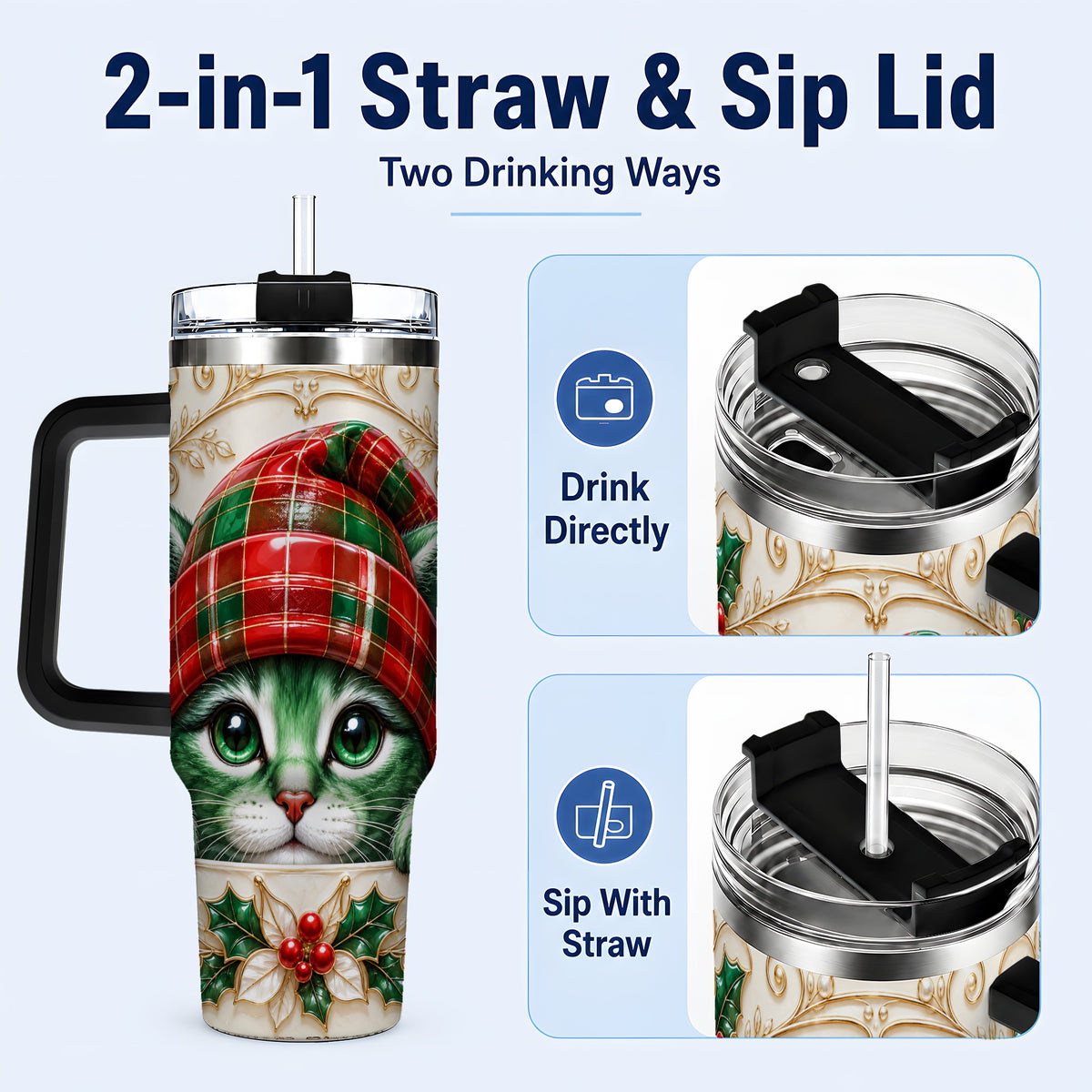 #pl[40oz|Black] Christmas Cat 40oz Tumbler with Handle, Festive Travel Cup