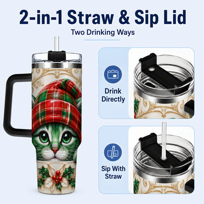 #pl[40oz|Black] Christmas Cat 40oz Tumbler with Handle, Festive Travel Cup