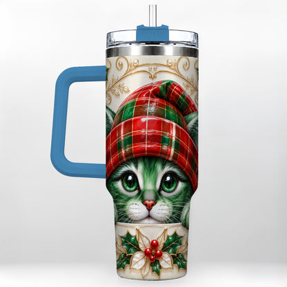 #pl[40oz|Blue] Christmas Cat 40oz Tumbler with Handle, Festive Travel Cup