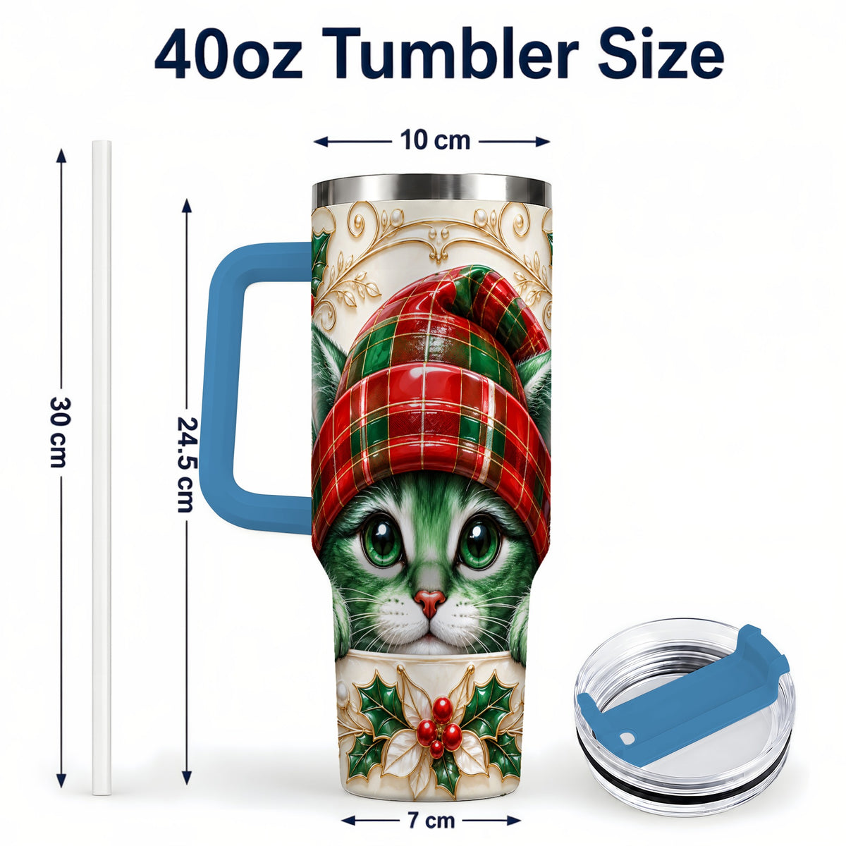 #pl[40oz|Blue] Christmas Cat 40oz Tumbler with Handle, Festive Travel Cup