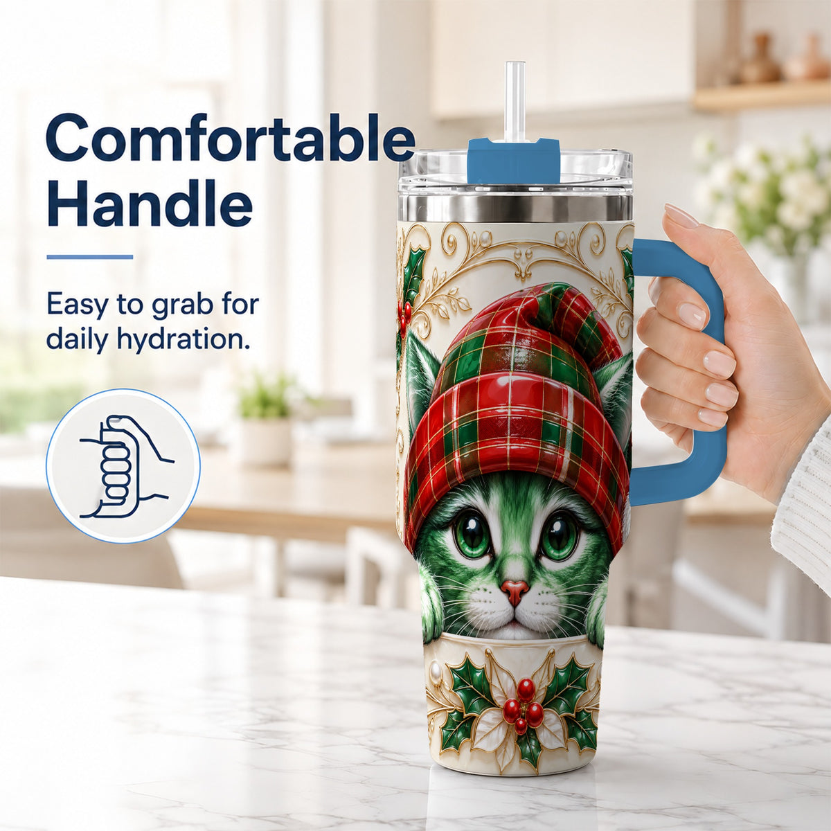 #pl[40oz|Blue] Christmas Cat 40oz Tumbler with Handle, Festive Travel Cup