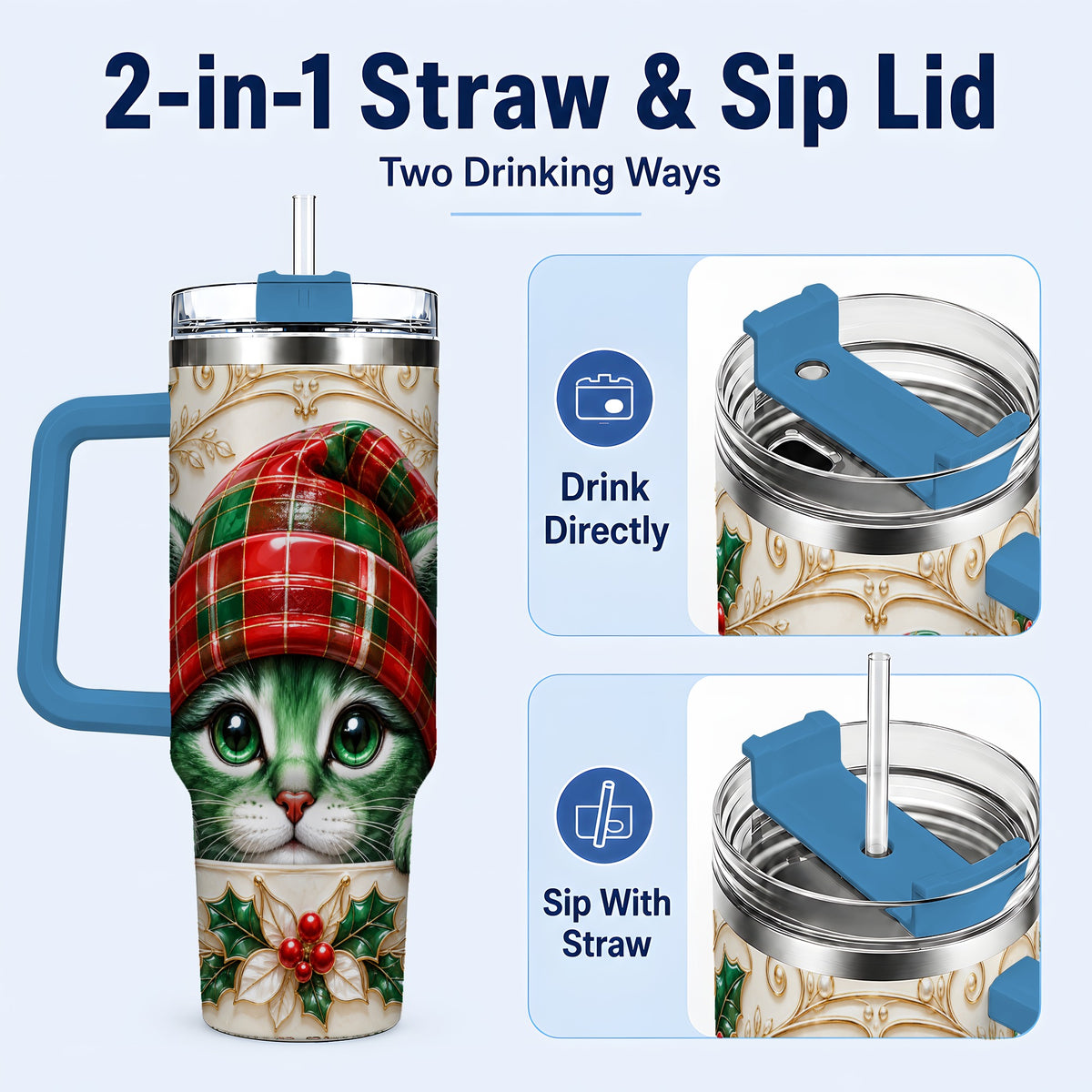 #pl[40oz|Blue] Christmas Cat 40oz Tumbler with Handle, Festive Travel Cup