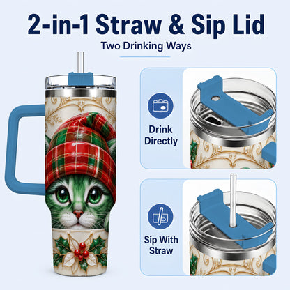 #pl[40oz|Blue] Christmas Cat 40oz Tumbler with Handle, Festive Travel Cup