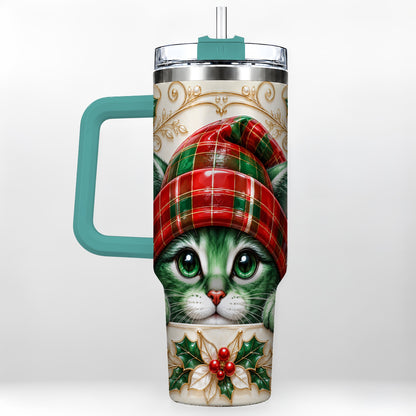 #pl[40oz|Green] Christmas Cat 40oz Tumbler with Handle, Festive Travel Cup
