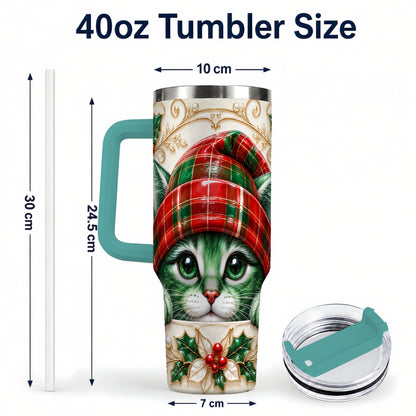 #pl[40oz|Green] Christmas Cat 40oz Tumbler with Handle, Festive Travel Cup