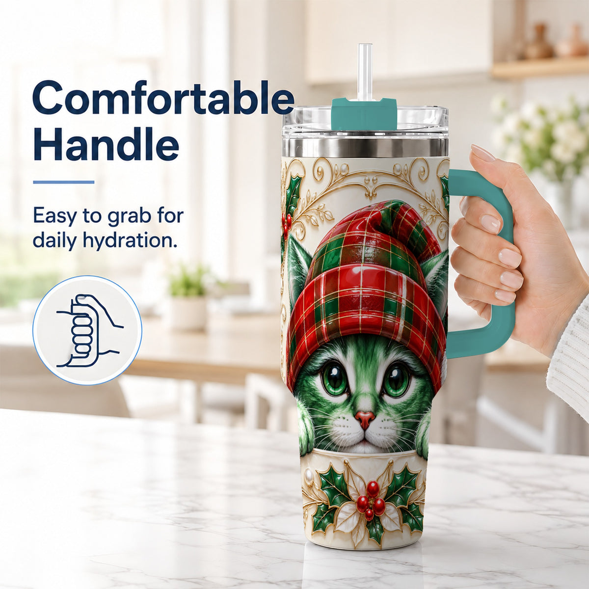 #pl[40oz|Green] Christmas Cat 40oz Tumbler with Handle, Festive Travel Cup