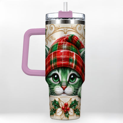 #pl[40oz|Pink] Christmas Cat 40oz Tumbler with Handle, Festive Travel Cup