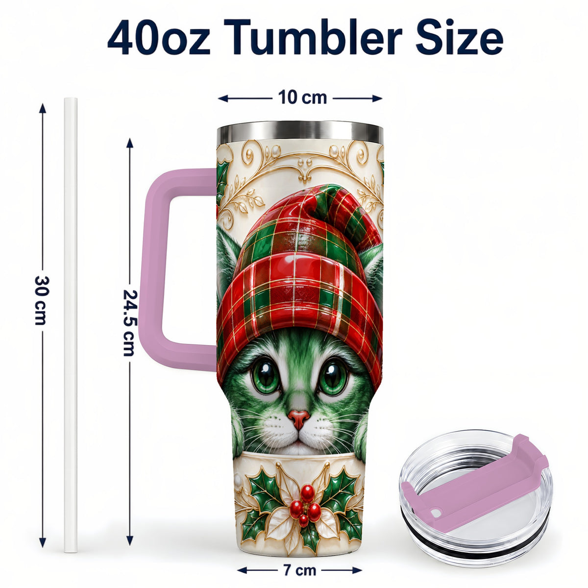 #pl[40oz|Pink] Christmas Cat 40oz Tumbler with Handle, Festive Travel Cup