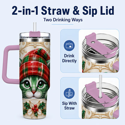 #pl[40oz|Pink] Christmas Cat 40oz Tumbler with Handle, Festive Travel Cup