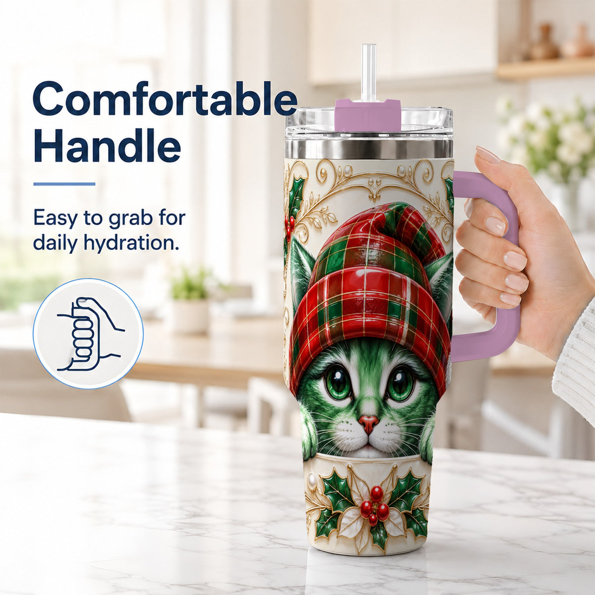 #pl[40oz|Pink] Christmas Cat 40oz Tumbler with Handle, Festive Travel Cup