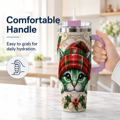 #pl[40oz|Pink] Christmas Cat 40oz Tumbler with Handle, Festive Travel Cup