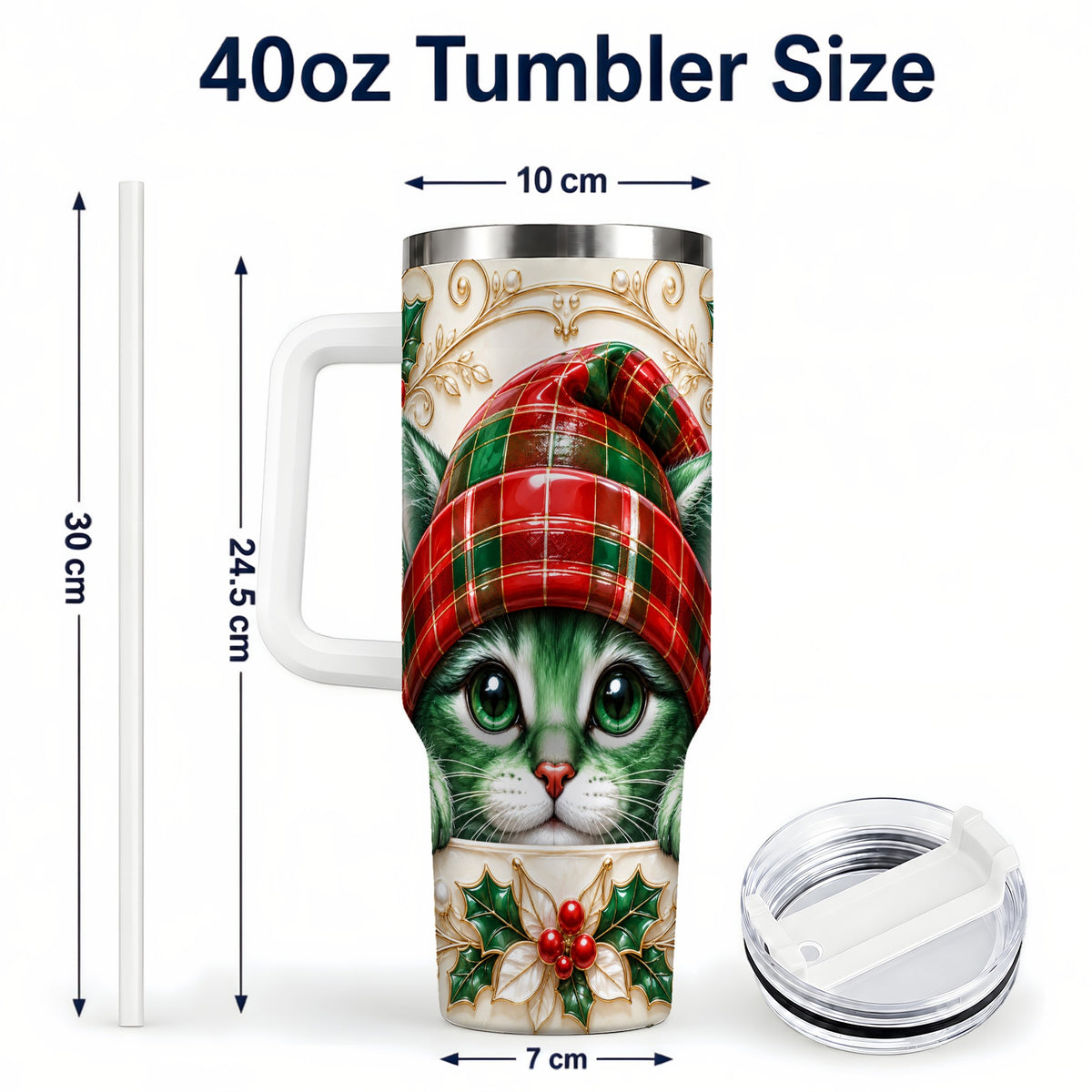 #pl[40oz|White] Christmas Cat 40oz Tumbler with Handle, Festive Travel Cup