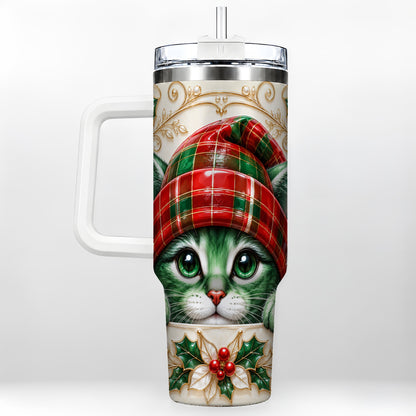 Christmas Cat 40oz Tumbler with Handle, Festive Travel Cup