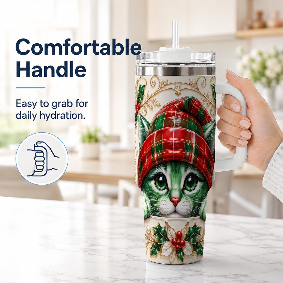 #pl[40oz|White] Christmas Cat 40oz Tumbler with Handle, Festive Travel Cup