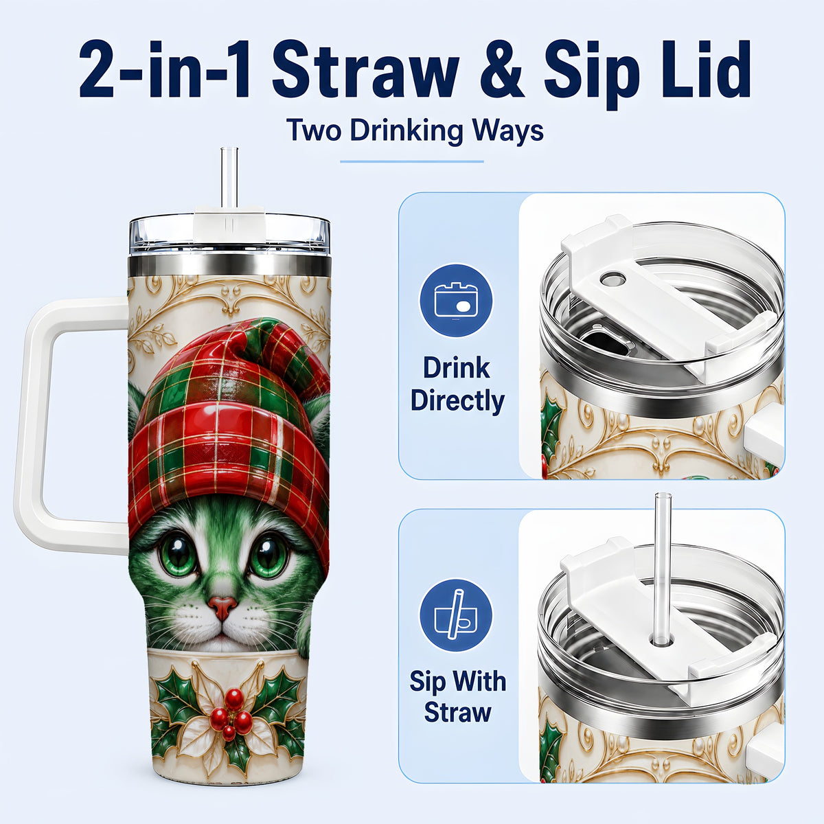 #pl[40oz|White] Christmas Cat 40oz Tumbler with Handle, Festive Travel Cup