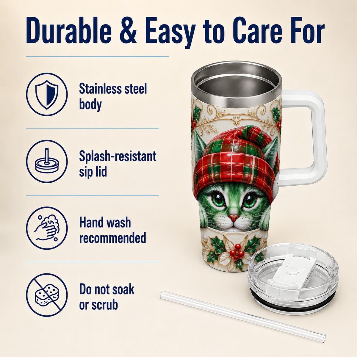 Christmas Cat 40oz Tumbler with Handle, Festive Travel Cup
