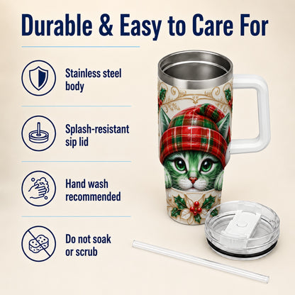 Christmas Cat 40oz Tumbler with Handle, Festive Travel Cup