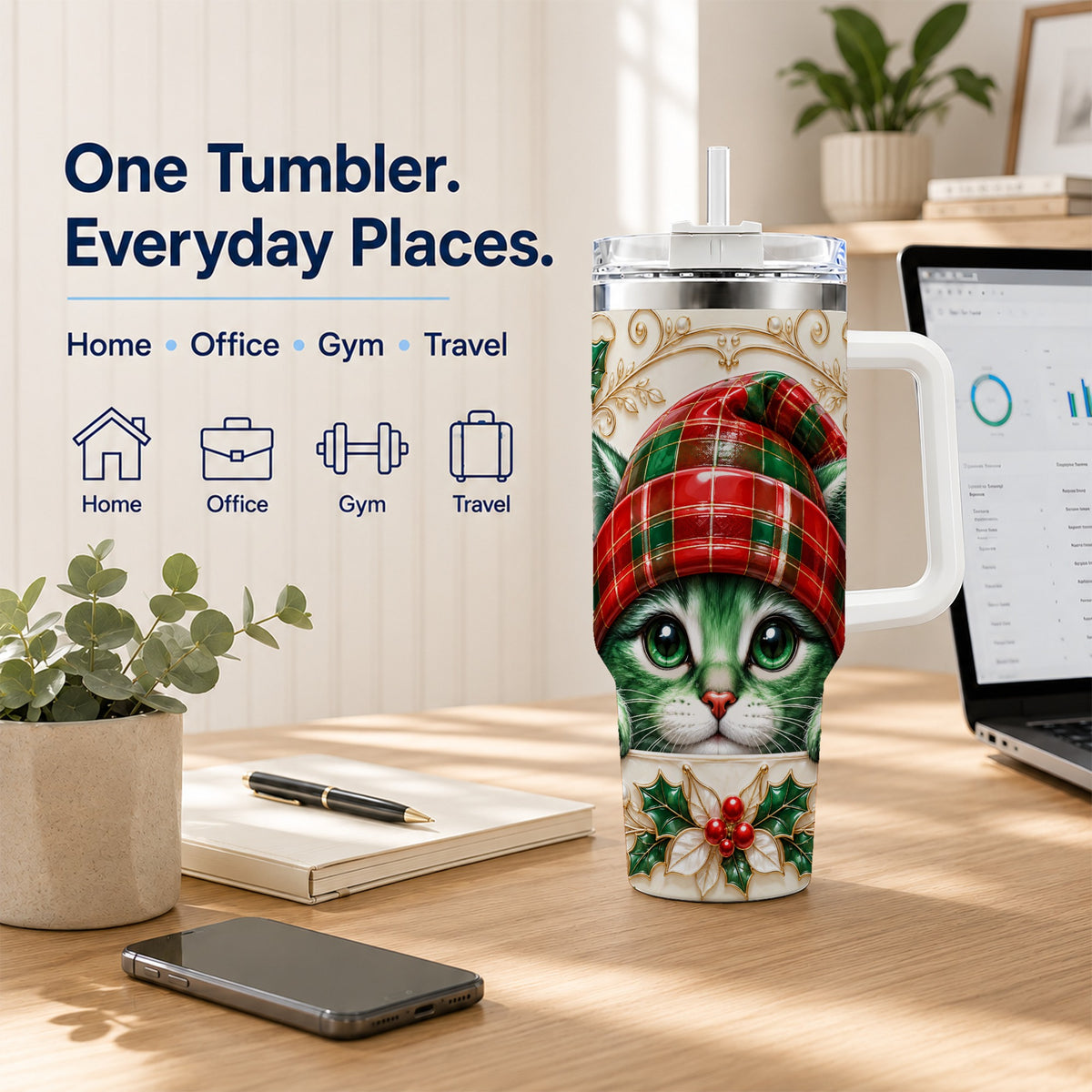 Christmas Cat 40oz Tumbler with Handle, Festive Travel Cup