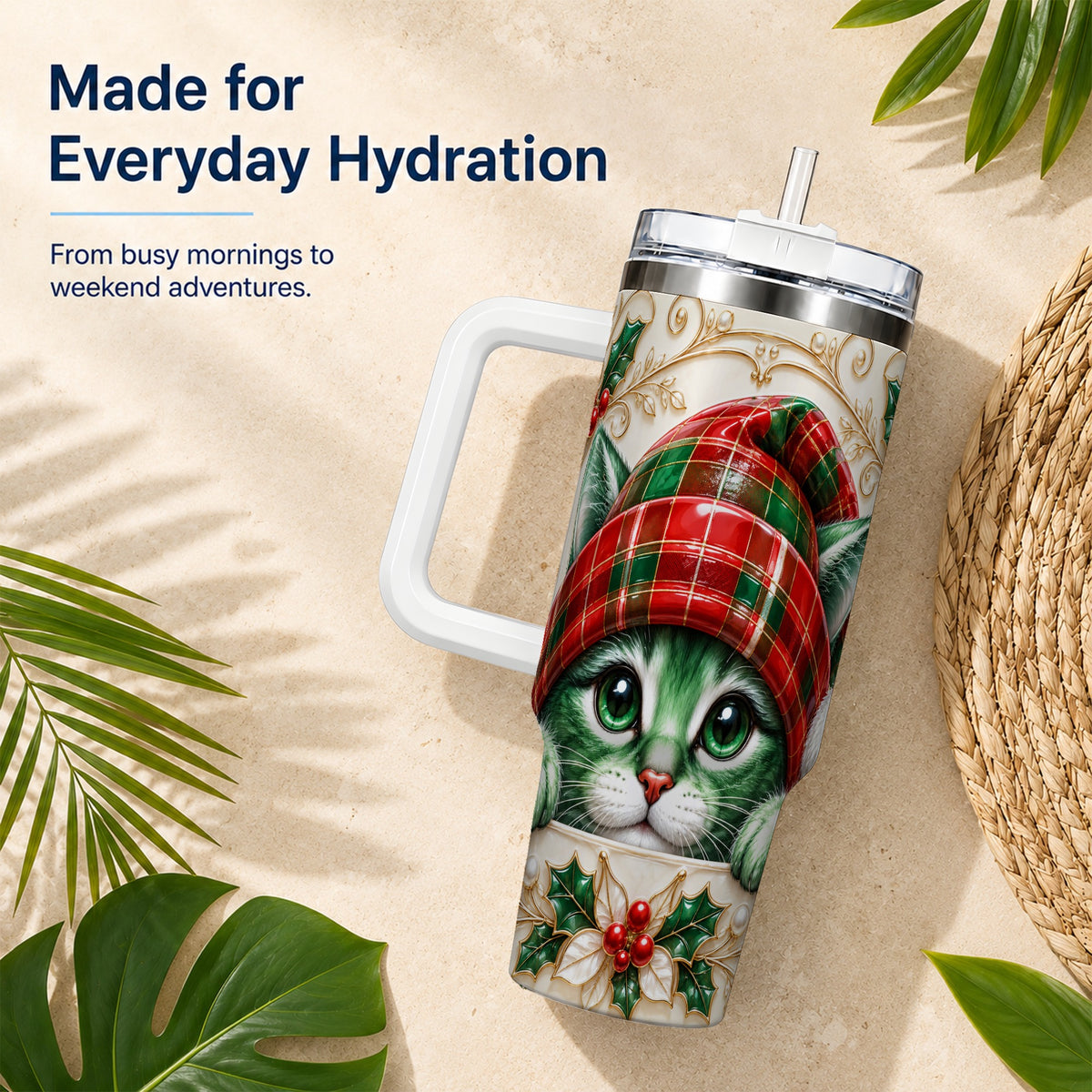 Christmas Cat 40oz Tumbler with Handle, Festive Travel Cup