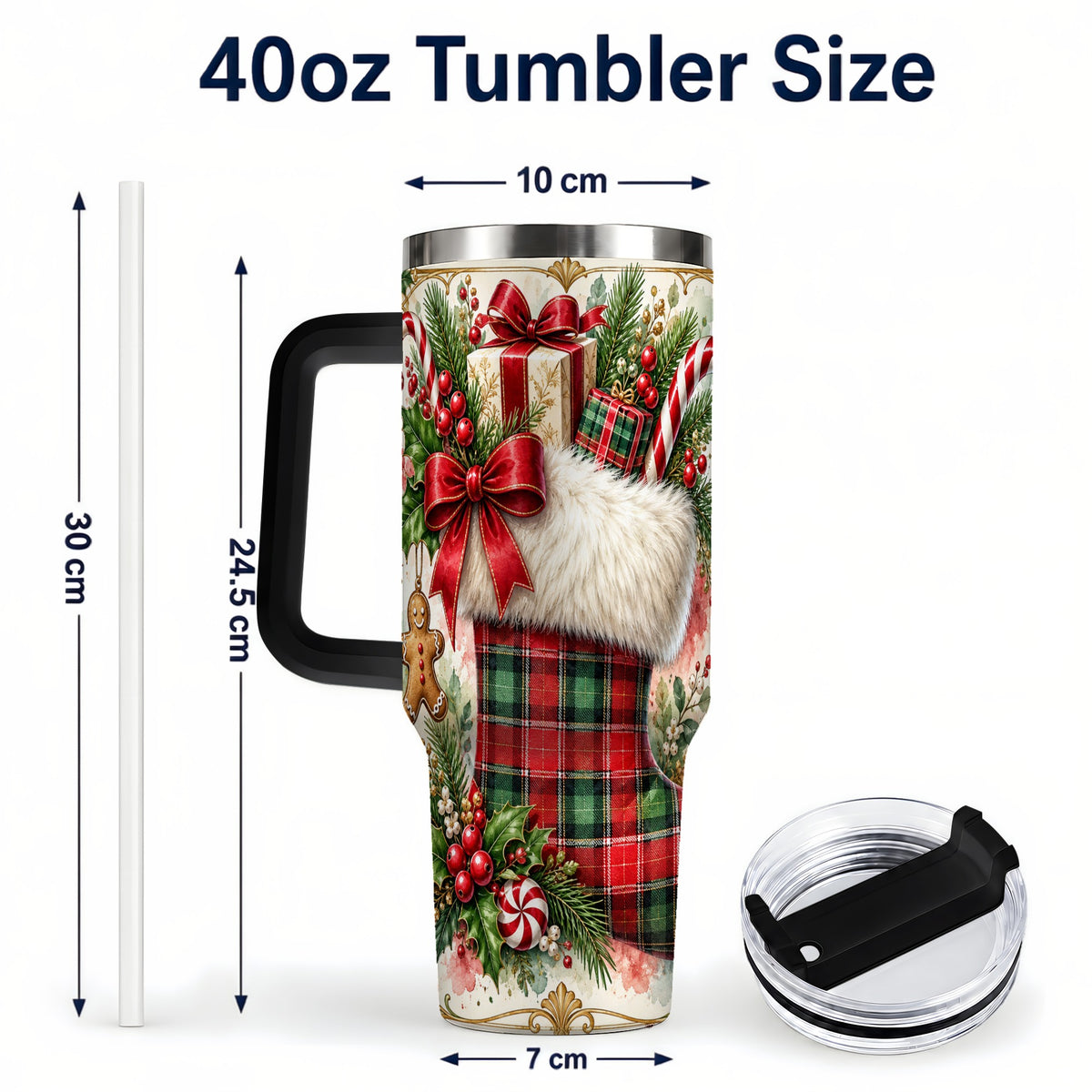#pl[40oz|Black] Plaid Stocking 40oz Tumbler, Holiday Stainless Steel Travel Cup