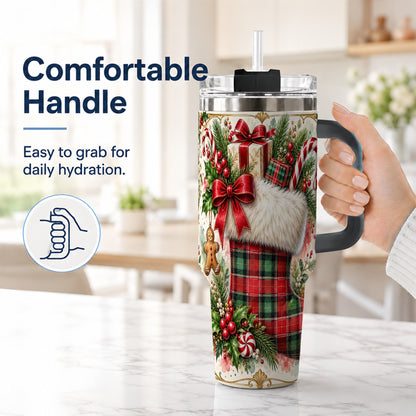 #pl[40oz|Black] Plaid Stocking 40oz Tumbler, Holiday Stainless Steel Travel Cup