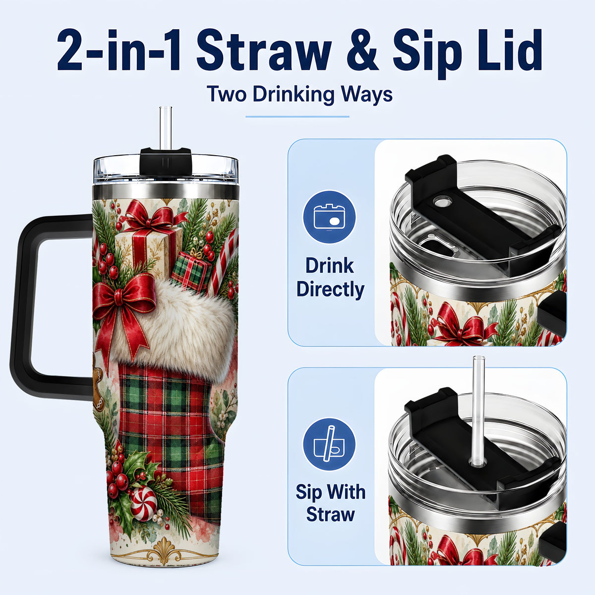 #pl[40oz|Black] Plaid Stocking 40oz Tumbler, Holiday Stainless Steel Travel Cup