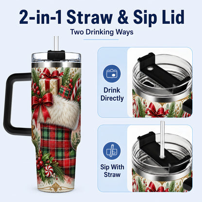 #pl[40oz|Black] Plaid Stocking 40oz Tumbler, Holiday Stainless Steel Travel Cup