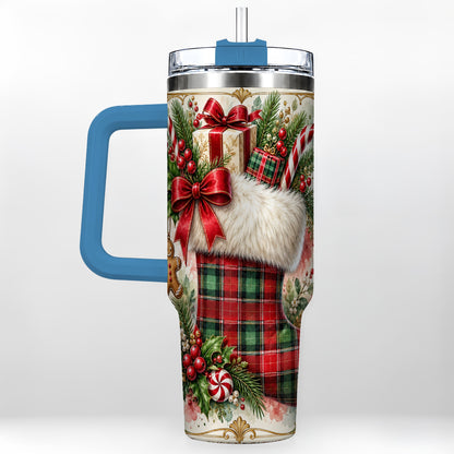 #pl[40oz|Blue] Plaid Stocking 40oz Tumbler, Holiday Stainless Steel Travel Cup