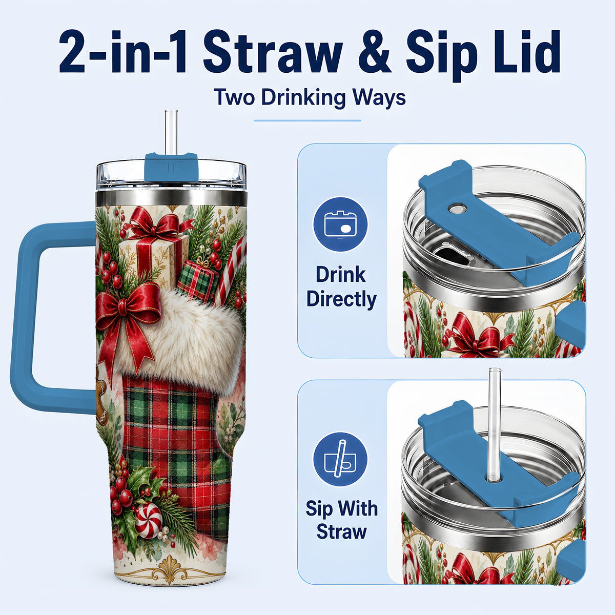 #pl[40oz|Blue] Plaid Stocking 40oz Tumbler, Holiday Stainless Steel Travel Cup