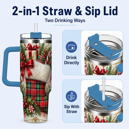 #pl[40oz|Blue] Plaid Stocking 40oz Tumbler, Holiday Stainless Steel Travel Cup