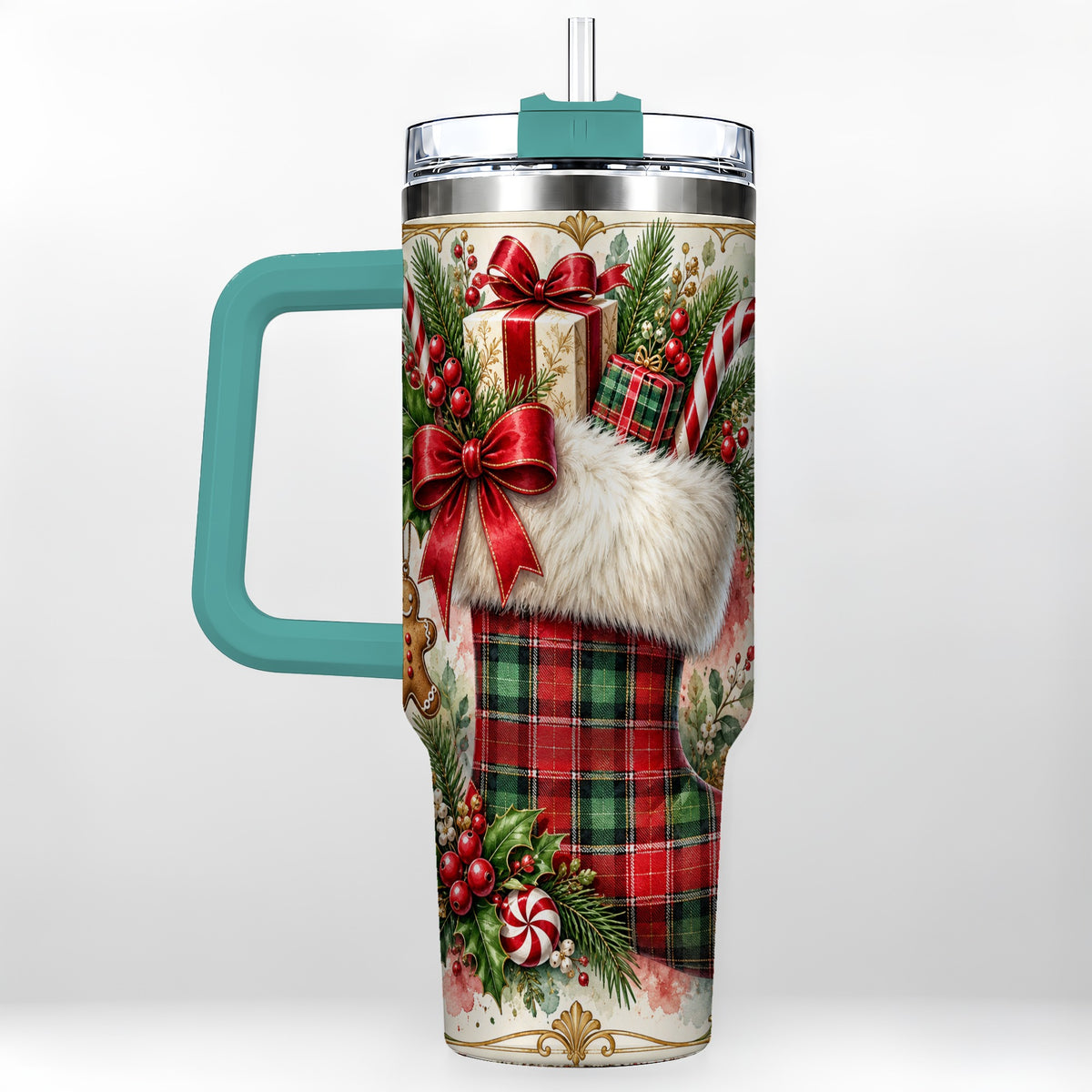 #pl[40oz|Green] Plaid Stocking 40oz Tumbler, Holiday Stainless Steel Travel Cup