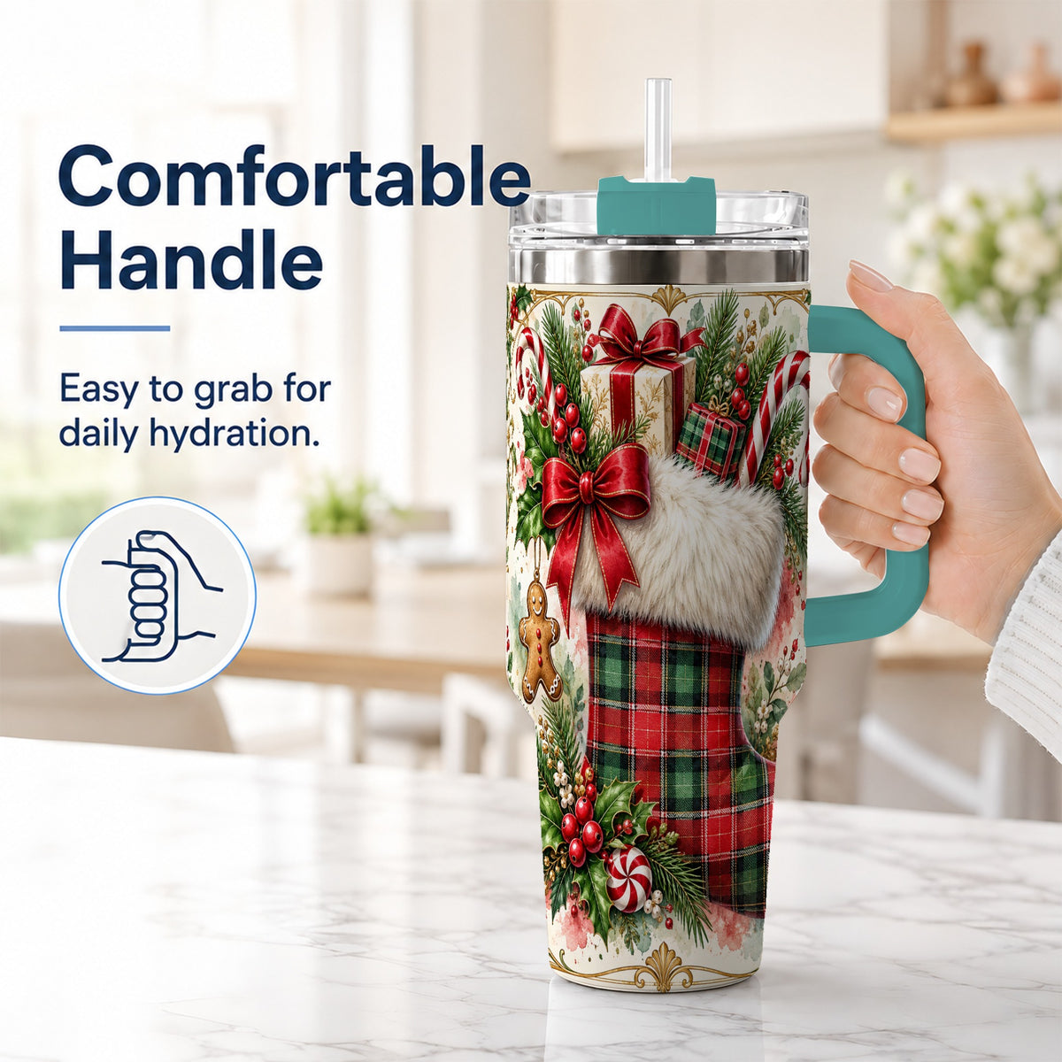 #pl[40oz|Green] Plaid Stocking 40oz Tumbler, Holiday Stainless Steel Travel Cup