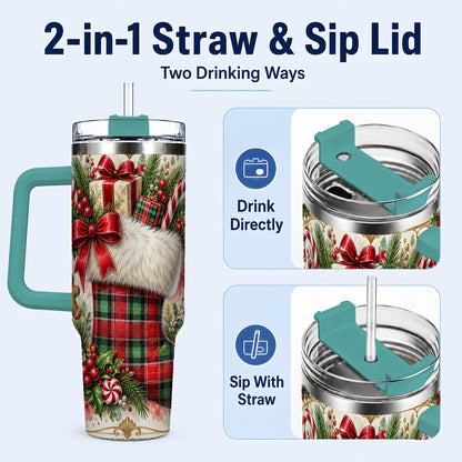 #pl[40oz|Green] Plaid Stocking 40oz Tumbler, Holiday Stainless Steel Travel Cup