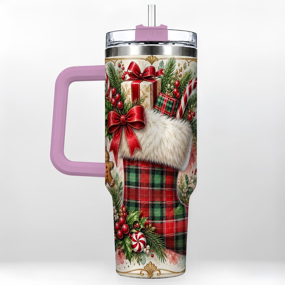 #pl[40oz|Pink] Plaid Stocking 40oz Tumbler, Holiday Stainless Steel Travel Cup