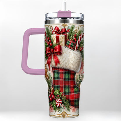 #pl[40oz|Pink] Plaid Stocking 40oz Tumbler, Holiday Stainless Steel Travel Cup