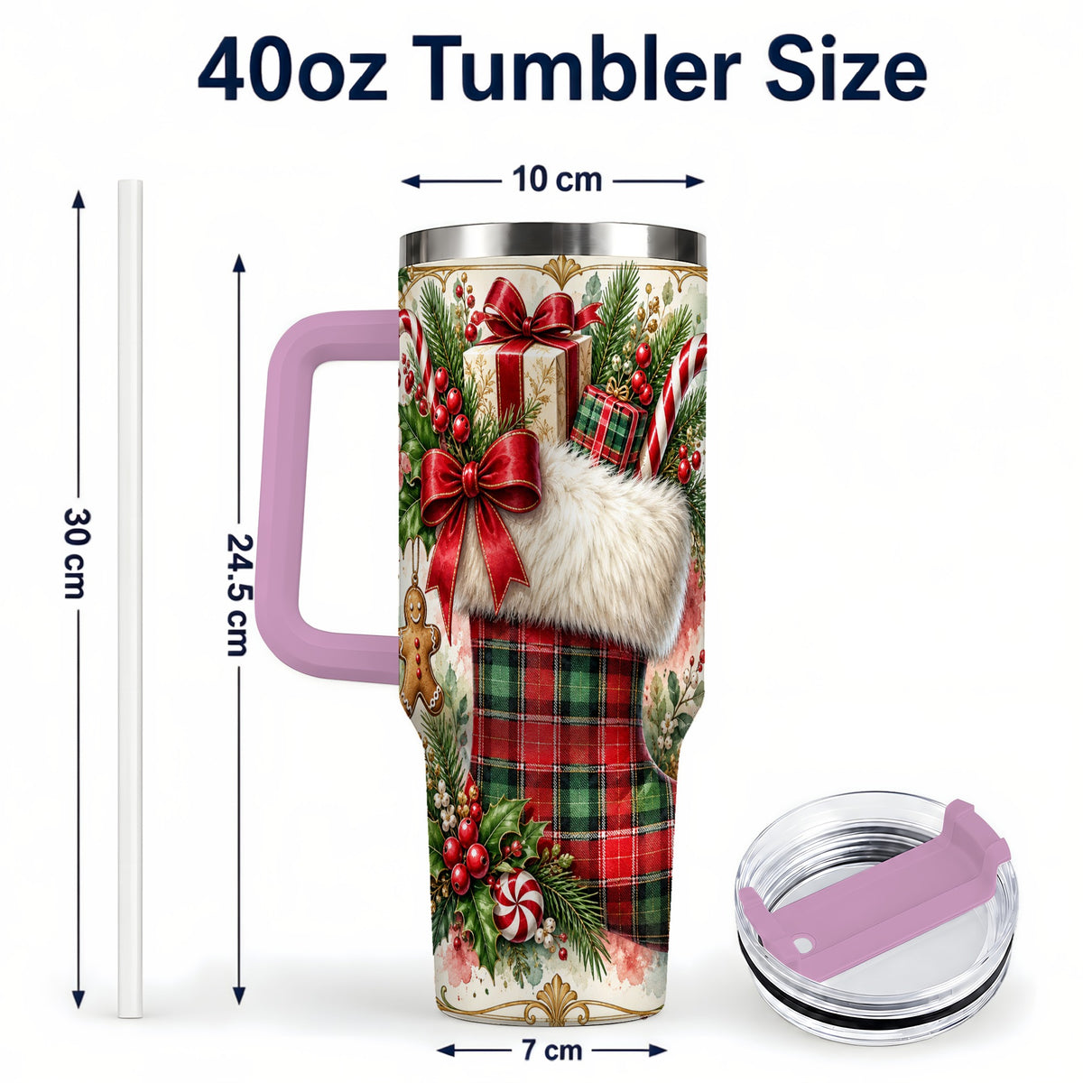#pl[40oz|Pink] Plaid Stocking 40oz Tumbler, Holiday Stainless Steel Travel Cup