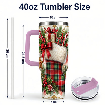 #pl[40oz|Pink] Plaid Stocking 40oz Tumbler, Holiday Stainless Steel Travel Cup