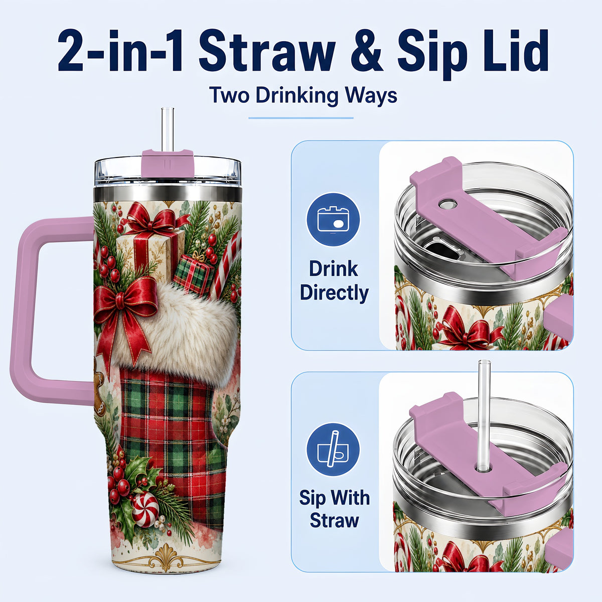 #pl[40oz|Pink] Plaid Stocking 40oz Tumbler, Holiday Stainless Steel Travel Cup