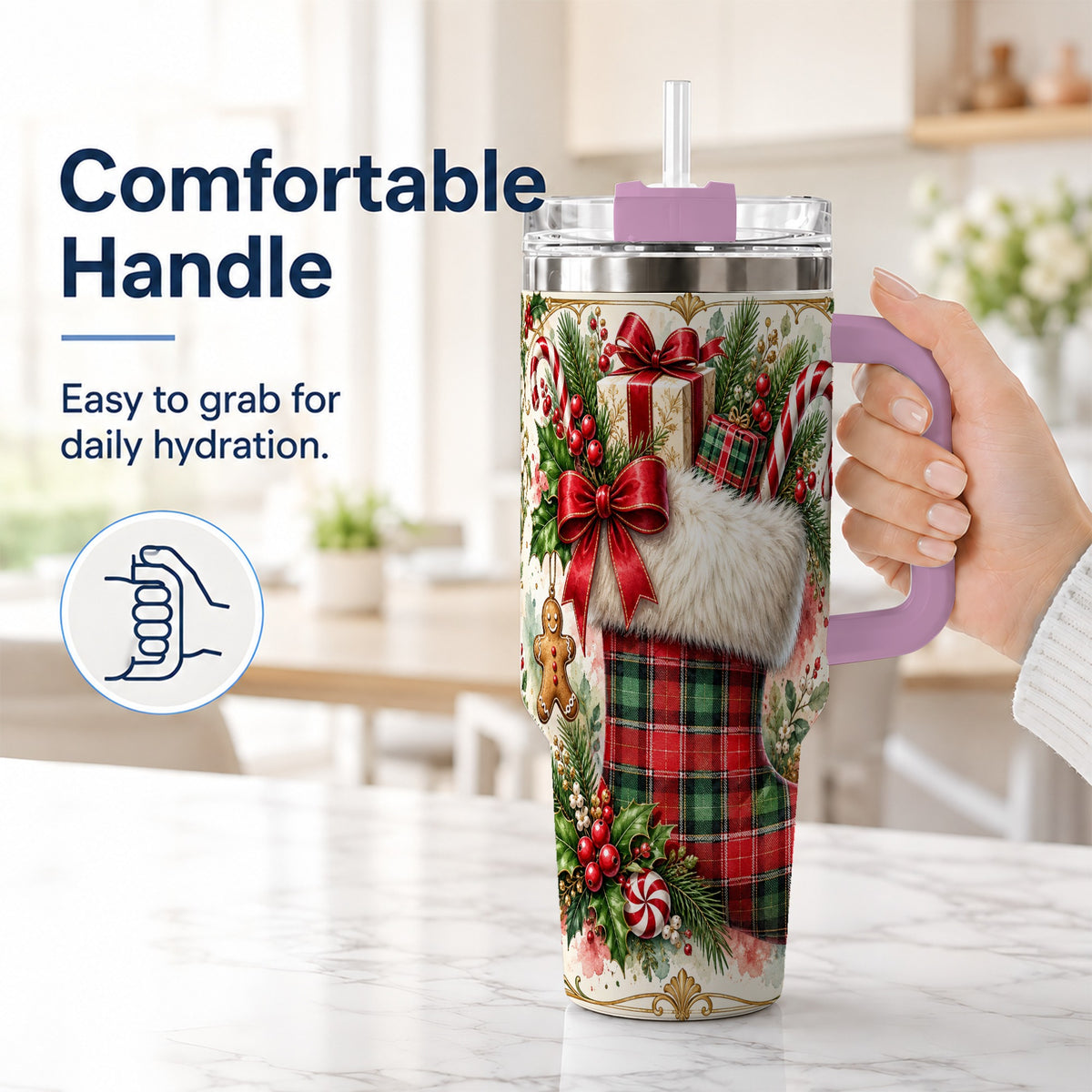 #pl[40oz|Pink] Plaid Stocking 40oz Tumbler, Holiday Stainless Steel Travel Cup