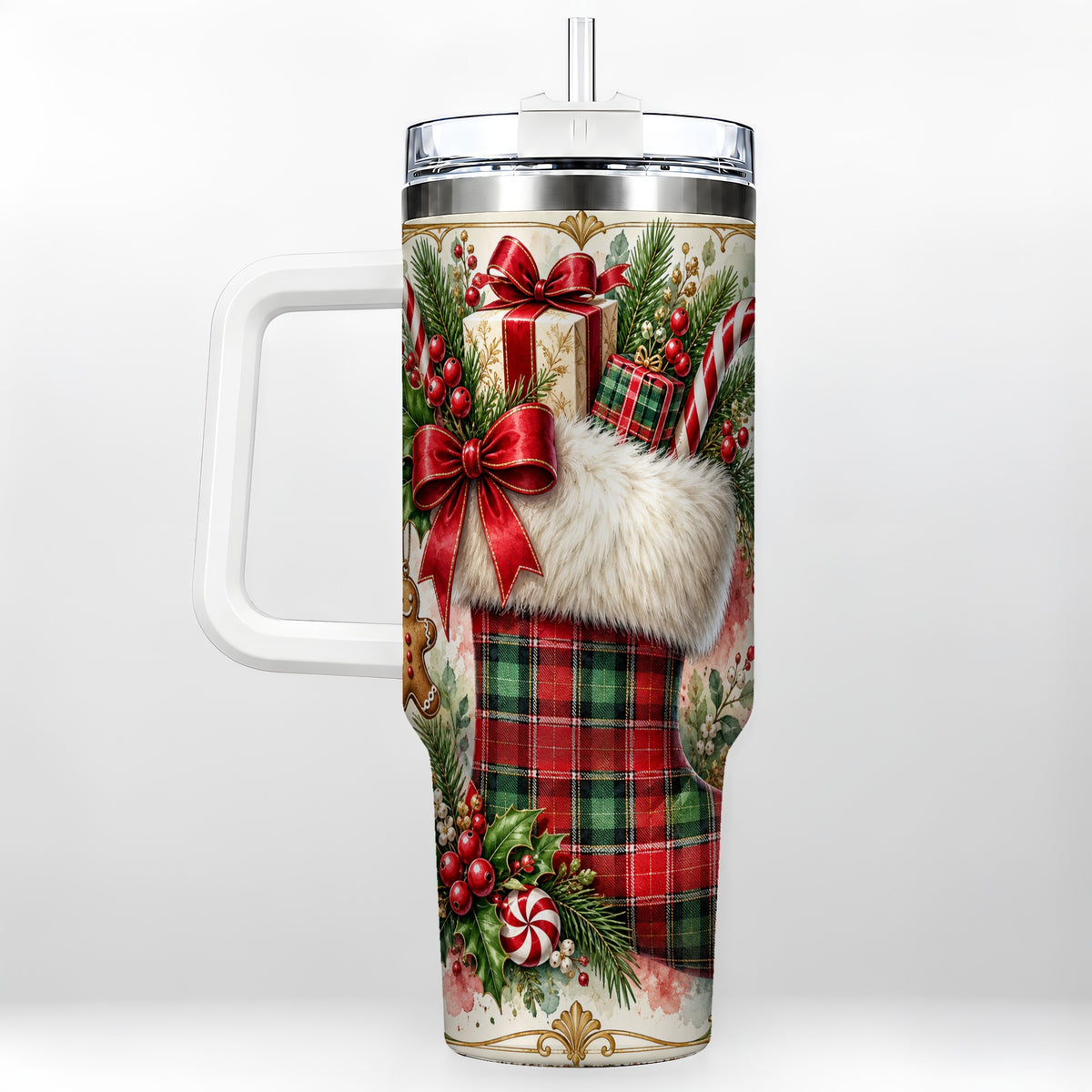 Plaid Stocking 40oz Tumbler, Holiday Stainless Steel Travel Cup