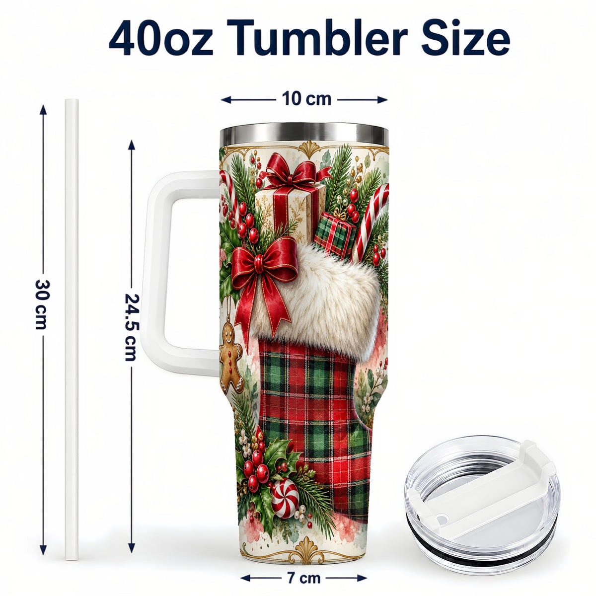 #pl[40oz|White] Plaid Stocking 40oz Tumbler, Holiday Stainless Steel Travel Cup