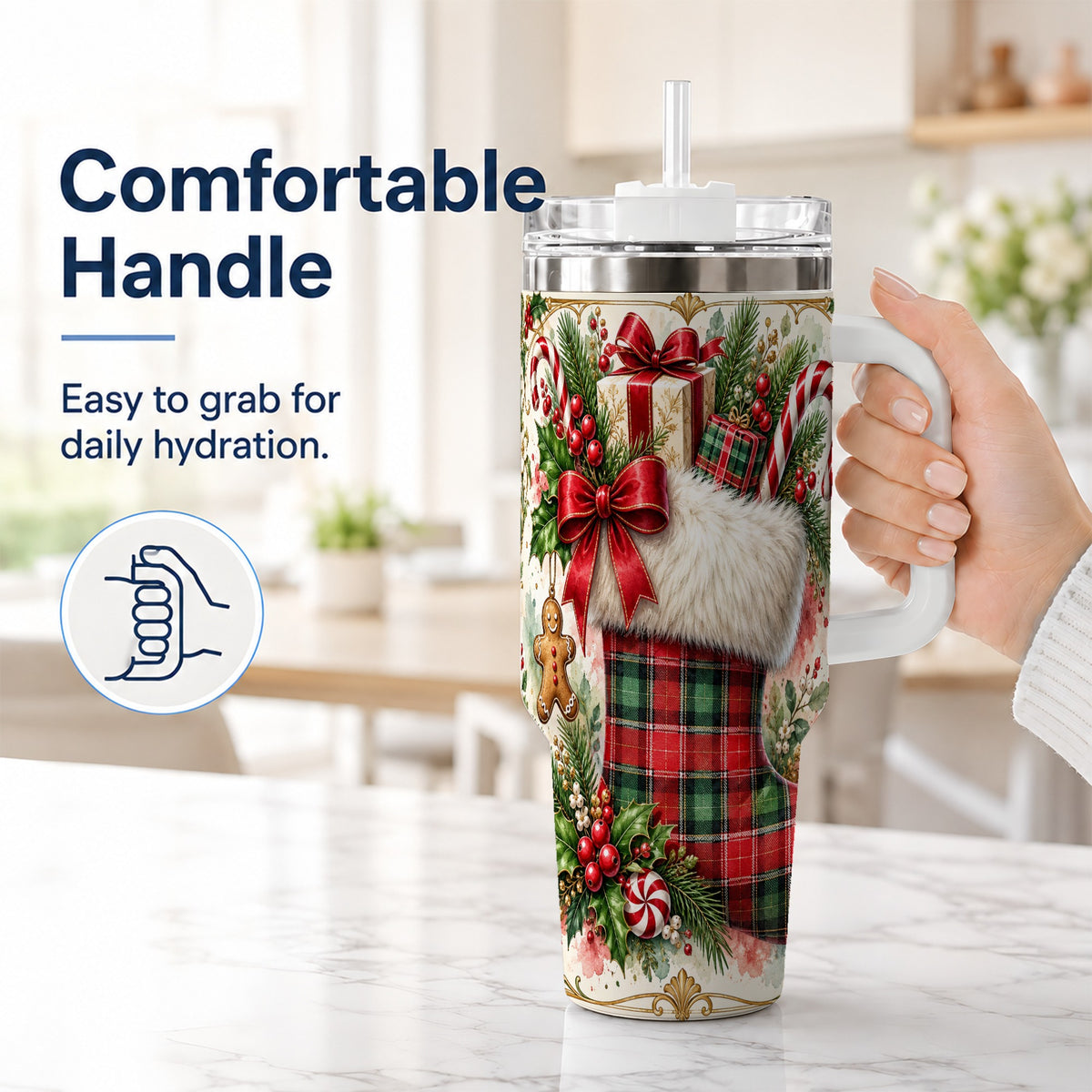 #pl[40oz|White] Plaid Stocking 40oz Tumbler, Holiday Stainless Steel Travel Cup