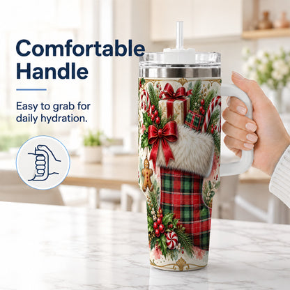 #pl[40oz|White] Plaid Stocking 40oz Tumbler, Holiday Stainless Steel Travel Cup