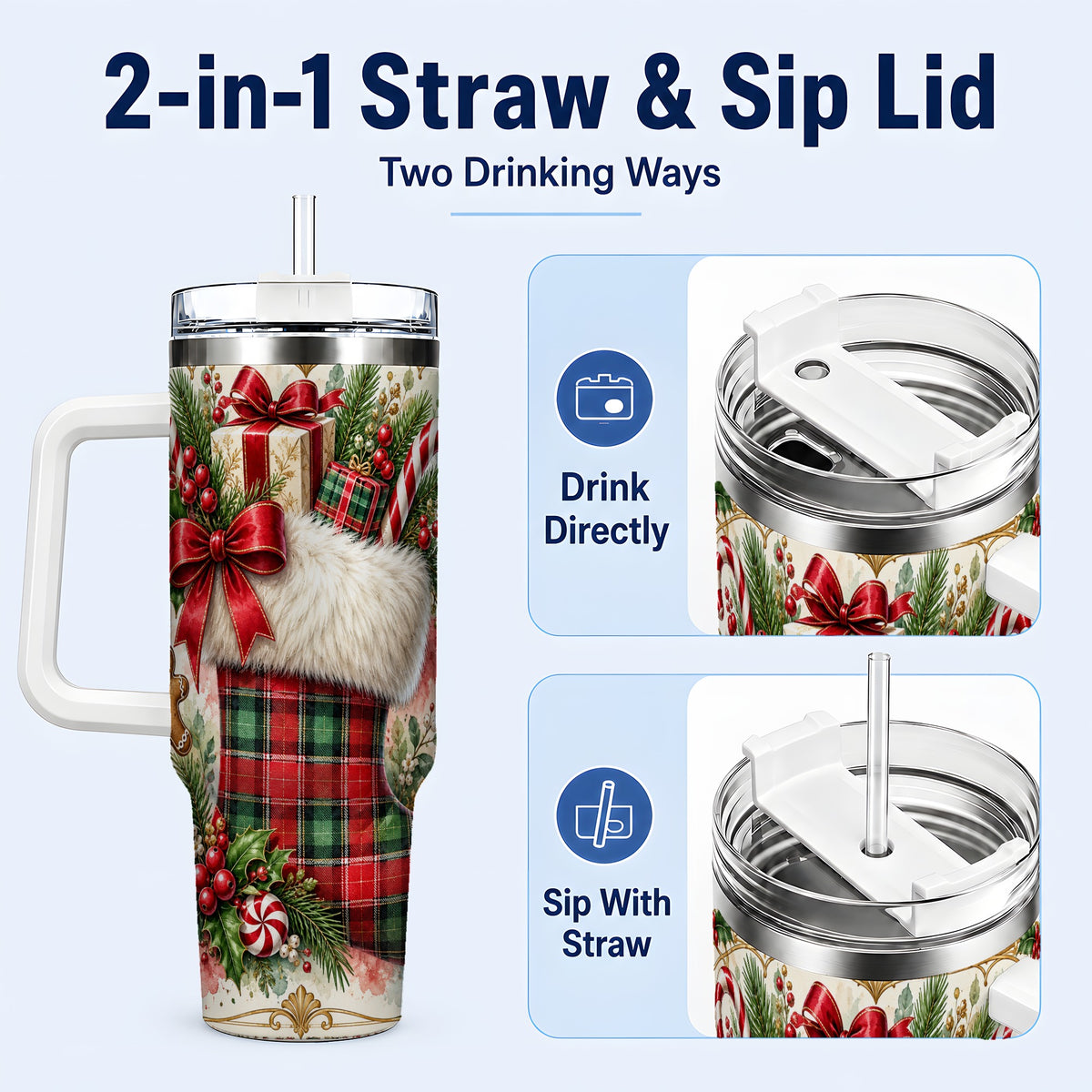 #pl[40oz|White] Plaid Stocking 40oz Tumbler, Holiday Stainless Steel Travel Cup