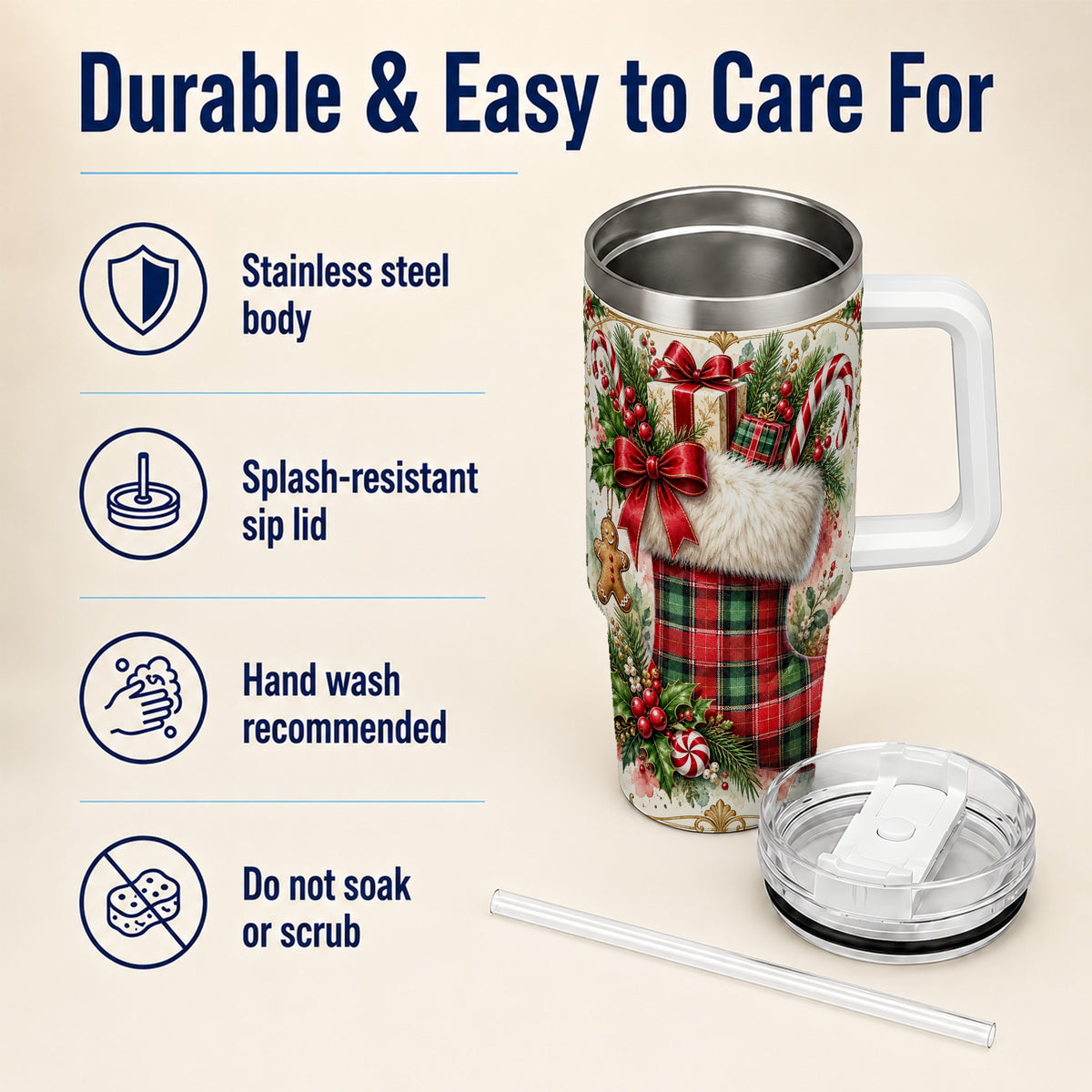 Plaid Stocking 40oz Tumbler, Holiday Stainless Steel Travel Cup